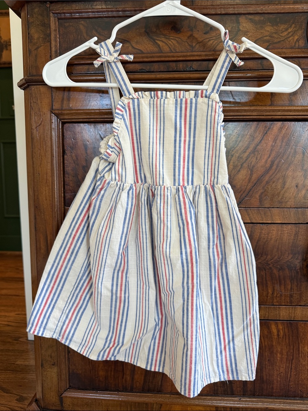 Girls Striped Tie-Shoulder Sundress in Red, Blue & White